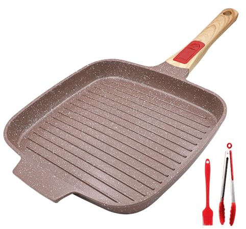 RANX INGST Bistecchiera con Rivestimento in Ceramica 24 cm, Padella Griglia con Maniglia Rimovibile, Pietra Quadrata per Induzione - Marrone