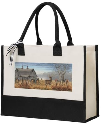 DUORHEV Einkaufstasche aus Segeltuch mit Hirsch-Motiv, wiederverwendbar, Geschenktasche, beige, Einheitsgröße