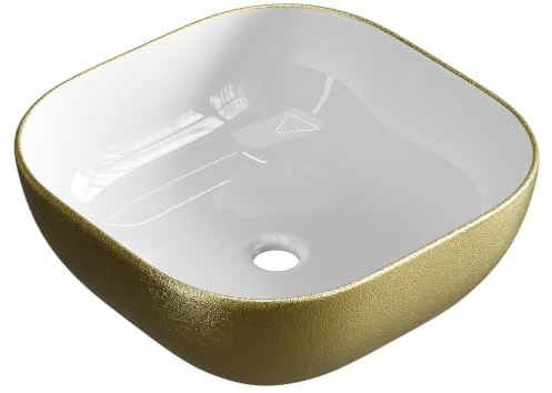 Planetmöbel Aquil Deluxe Waschbecken Oval, Aufsatzwaschbecken | Badezimmer und Gäste-WC, Handwaschbecken ohne Hahnloch und Überlauf, Gold Weiß, 42,5 x 42,5 x 14 cm