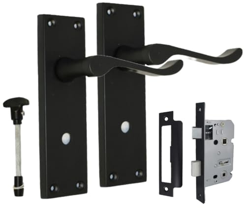 Epsom Door Handle Victorian Style Matt Black Bathroom Door Handle Set – Includes Privacy Turn & Bathroom Sash Lock – Internal Lever on Backplate – 1 Pair