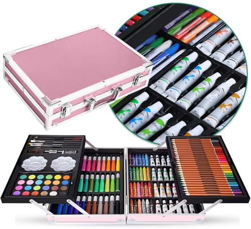 ATEK 145 Piece Art Set for Kids, Drawing Set with Aluminium Case, Drawing & Painting Kit with Coloured Pencils, Watercolor & Acrylic Paints Drawing and Sketching Set for Adults, Beginner