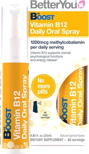 BetterYou Boost Vitamin B12 Daily Oral Spray Vitamin Spray Supplement for Energy Boost 1,200 IU Vitamin B12, Natural Apricot Flavour, Pack of 3, 25ml (192 Sprays)