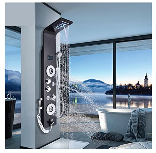 Ensemble de mitigeur de douche thermostatique en nickel noir Panneau de douche à LED Colonne de douche à six fonctions Douche à effet pluie Douche à effet cascade Baignoire de massage avec bidet