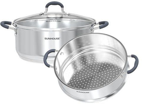 SUNHOUSE - 6.3 Quart Steamer Pots With Lid 2-Tier Multipurpose Stainless Steel Steaming Pot Cookware With Handle For Vegetable, Dumpling, Sauce, Food - Triple Bottom, Measurement Line