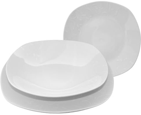 Omniacasa Set Piatti Moderni Risalto in Porcellana – Servizio da Tavola Bianco Completo per 6 Persone 18 Pezzi – Design Con Rilievo Quadrato ed Elegante, Resistente per Lavastoviglie e Microonde.