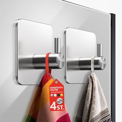 4smile Ganci per asciugamani senza foratura, set di 4 portasciugamani senza foratura, in acciaio inox, ganci robusti, ganci adesivi impermeabili, ganci autoadesivi, ganci per asciugamani da bagno