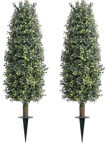 36 Artificial Boxwood Topiary Trees with Ground Spike Set of 2, Outdoor 3ft Faux Boxwood Topiaries Cone Bushes Trees Fake Shrubs Plants Front Porch Decor Outside Garden