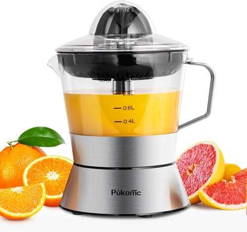 Pukomc Elektrische Zitruspresse, Orangenpresse mit 40 Watt leistungsstarkem und leisem Motor,Zitronenpresse mit Edelstahl 1 L, Kontrolle des Fruchtfleischs, Zitruspresse für Grapefruit und Zitronen.