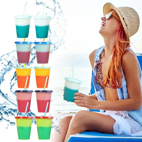 10 Stück Plastikbecher Mehrweg mit Deckel & Strohhalm, Trinkbecher Mit Strohhalm & Deckel, Farbwechsel Becher 16oz, Plastikbecher Smoothie, Farbewechselnde Partybecher, Wiederverwendbare Plastikbecher