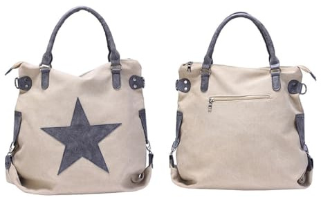 DEARMAMY Damen Canvas Schultertasche mit Fünfzackigem Stern Große Kapazität und Schweißabsorption aus Baumwoll Polyester Beige für Sport und Reisen