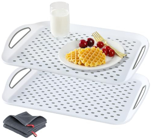 Bandeja grande antideslizante con asas, bandeja de servir adecuada, bandeja de alimentos, bandejas para servir alimentos, platos para servir, una opción ideal para comer, color blanco, paquete de 2