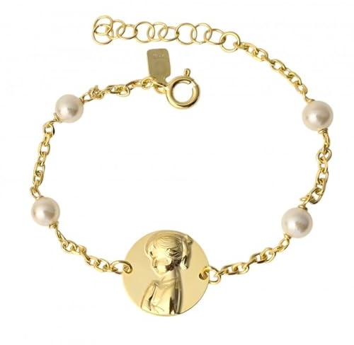 Minoplata Pulsera infantil Virgen Niña de Plata chapada en Oro con Perlas