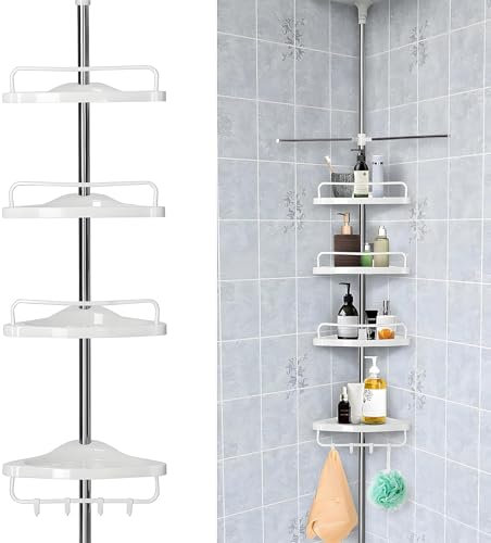 JF HOME BLISS 4-Tier Adjustable Telescopic Shower Caddy 125-325cm Corner Bathroom Shelf Organizer with Drainage Holes Rust-Proof Stainless Steel & ABS Plastic No-Drill Installation