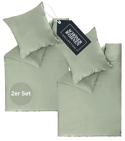 Schöner Wohnen Kollektion Set di biancheria da letto in raso 140x200 in cotone verde - Set di biancheria da letto di lusso 4 pezzi - morbido e traspirante - composto da 2 copriletti e 2 federe per