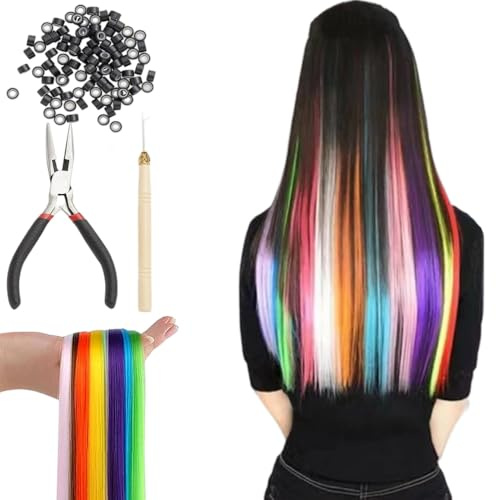 DAJASD 100 Pezzi Extension Capelli Colorati, 50 cm Trecce Extension Capelli per Bambina, Extension Capelli Colorate, Ciocche Colorate per Capelli per Bambini Donna Halloween Natale Cosplay Party