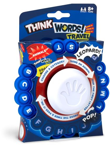 Think Words Travel Game: Choose a category, name an answer, pop the first letter, press the timer and pass it on! | Family Games | Travel Games | For 2-8 Players | Ages 8+