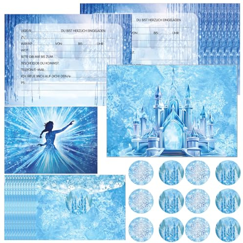 Lot de 12 Cartes D'invitation avec Princesse de Dessin Animé, Carte Invitation Château de Sculptures de Glace, Cartes D'invitation Simples et Faciles à Remplir pour Fêtes Anniversaire Enfants-Version