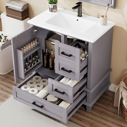 OKMYHOME Badezimmermöbel mit Einbauwaschbecken, 3 Türen und 1 Schublade, leise, MDF + Keramik + Kiefernholz, lackierte Oberfläche, grau, 76 x 46 x 83,5 cm