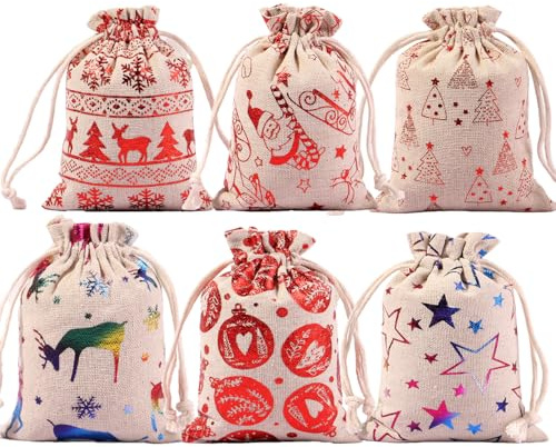 ZKSMNB 12 Stück Weihnachtstüten, 15× 20CM Weihnachten Jutesäcke, Geschenke Jutebeutel, Weihnachten Jutetüten für Deko Weihnachtsbaum Weihnachtskalender Partygeschenke