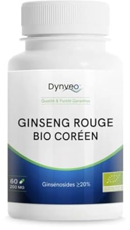 Ginseng BIO Coréen - Panax Ginseng Rouge - Racines 6 ans d'âge - 20% Ginsénosides - Vitalité, Concentration, Stress, Immunité - Qualité Premium - 200mg - 60 gélules (1 à 2 mois) - Dynveo