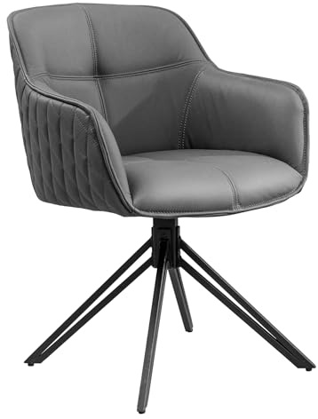 Stuhl EUPHORIA - 61x57cm - grau - Echtleder Metall-Gestell drehbar | Auto-Return-Funktion, Armlehne, hoher Komfort, bequeme Polsterung, stabil, Design, Retro, Eyecatcher