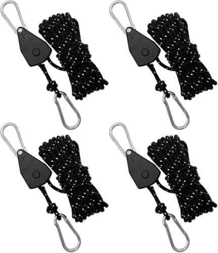 4Pcs Reflective Tent Guy Ropes with Ratchet Pulley, 4mm Heavy Duty Adjustable Tent Guide Rope, Ratchet Hangers with Aluminum Tensioner for Camping, Hiking, Awning, Tarp, Gazebo & Grow Light Hanger