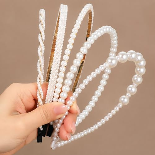 5 Pcs Pearl Headbands for Women Fashionable Faux Pearl Hairbands White Pearls Bridal Headband for Weddings, Women Hair Accessories
