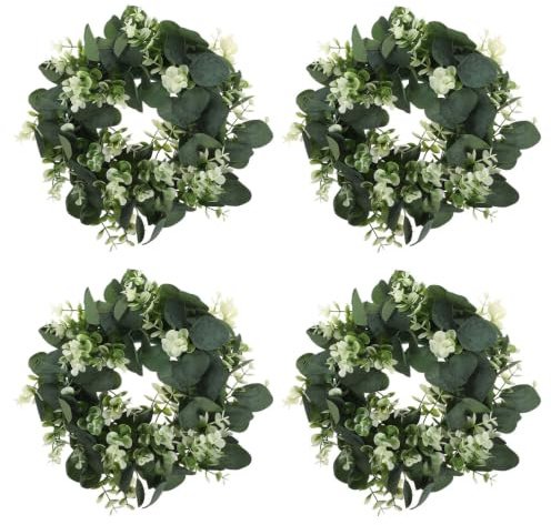 Healifty 4 Pcs Mini Eucalyptus Wreaths, 13 Inch Fuller Artificial Greenery Rings for Candle Holders, Small Farmhouse Leaf Wreaths for Front Door Kitchen Cabinet Table Centerpiece Wall Decor