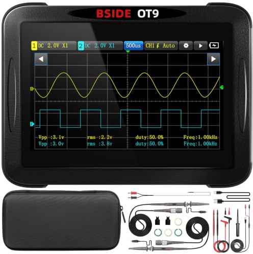 BSIDE OT9 Oscilloscope Portable 2 Canaux 50MHz avec Écran Tactile 4,3 pouces, 250MSa/s, ±4000V, Oscilloscope Tablette Multimètre Graphique 20000 Comptes Générateur de Signaux DDS 3-EN-1
