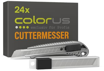 Colorus Cuttermesser Set 24x Profi Teppichmesser 18mm mit 10x Ersatzklingen | Universalmesser mit Arretierung & Metallführung | Aluminium Cutter Messer für Karton, Teppich, Folie, Bau & Hobby
