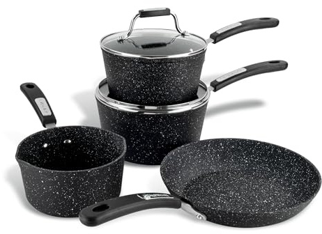 Scoville NEVERSTICK 4+1 Piece Cookware Set, Non Stick Pots & Pans Set, 16cm Milk Pan, 18 & 20cm Saucepans, 24cm Frying Pan, Free 20cm Frying Pan, Suitable for All Hobs, Aluminium, PFOA Free, Black
