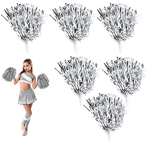 Pompones de Animadora, Pompones de Porrista con Mango 6 Colores, 6 piezas Cheerleader Pom Pom Pompones de baile para eventos deportivos, fiestas, actuaciones escénicas, celebraciones festivas(Plata)