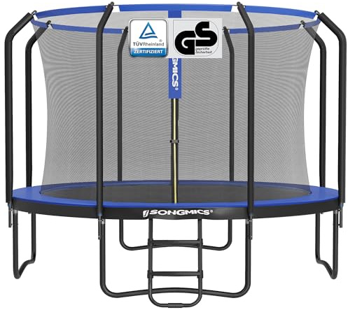 SONGMICS Trampoline pour Enfant, Diamètre 305 cm, Filet de Protection, Poteau de 180 cm de Haut, Coussin de Sécurité, Échelle, Cadre en Acier, Noir et Bleu STR103Q01