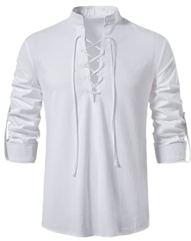 YAOHUOLE Herren Leinenhemd Sommer Hemd Herren Langarm Mittelalter Hemd Pirat Herren Weiß 2XL