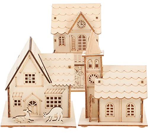 3 Pcs Christmas Village Houses: Led Light Wooden House with Battery, Unfinished Rustic Holiday Village Decor - Perfect for Christmas Table Centerpieces, Xmas Party Decorations,DIY Crafts