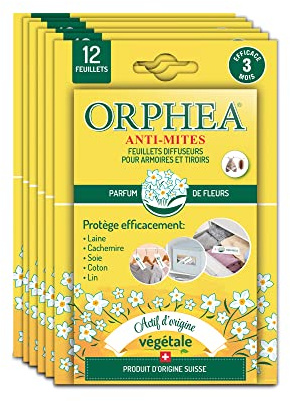 Orphea - Anti Mites Textile, Feuilletts Diffuseurs pour Armoires et Tiroirs (6x12 Pieces) Naturel, Anti Mites Ideal pour Vetements, Il agit Immediatement - Durée 3 Mois (Fleurs)