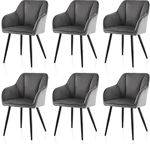 TUKAILAI Esszimmerstühle 6er Set, Samt Stühle Esszimmer mit Armlehne, Armlehnstuhl, Küchenstuhl, Polsterstuhl aus Polyester mit Metallbeine und Rückenlehne für Esszimmer Wohnzimmer Küche,Grau