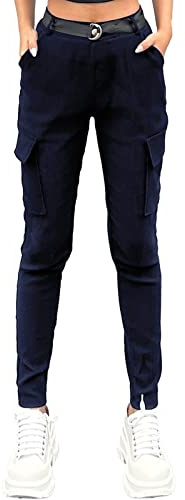 Nuofengkudu Womens Stretchy Cargo Trousers 4 Pockets Elasticated High Waisted Pull on Leggings Skinny Leg Pants Sports with Matching Belt