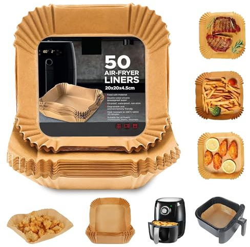 Albert Austin Air Fryer Liners Parchment Paper Liners for Microwave Air Fryer Steamer Pack of 50 Oil Proof Disposable Greaseproof Baking Paper Liners Food Grade Air Fryer Liner Square 20 x 20 x 4.5cm