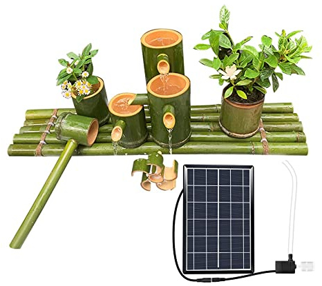 ZZYYZZ Kit de Fontaine Solaire en Bambou, fontaines à Eau Zen avec Pompe et Roue à Eau, décor de Jardin Feng Shui, pour pelouse intérieure extérieure,12”
