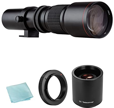 Camnoon Cámara Super Teleobjetivo 500 mm F/8.0-32 Zoom Manual T-Mount + 2 Lentes teleconvertidores de 500 mm + Anillo Adaptador T2-AI de Repuesto para D5300 Cámaras