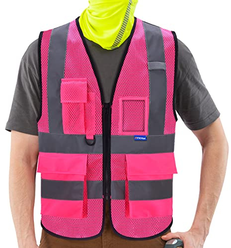 AYKRM Warnweste mit Reißverschluss vorne, hohe Sichtbarkeit, mit Handy- und Ausweisfächern, 21 Farben, Pinkes Netzgewebe, XL