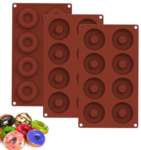 Vastsea 3 Pezzi Donut Stampo, Stampo per Ciambella in Silicone a 8 Cavità, Teglia per Ciambelle in Silicone Alimentare, Antiaderente, Applica a per Cuocere Ciambelle di Dimensioni Standard