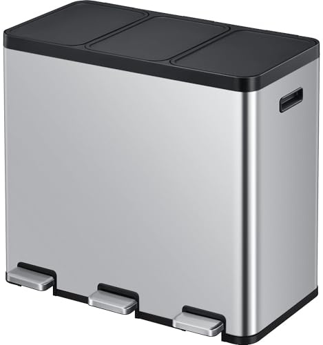 EKO | Treteimer Recycler | Stahl | 60 l | 3-fach-Sammler | Edelstahl