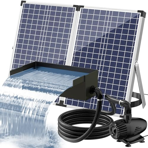 POPOSOAP 70W Solar Water Pump with Pond Waterfall Kit, 304 Stainless Steel Pond Waterfall Spillway, Pond Spillway with 9.8FT Corrugated Tubing for Garden Water Features-P5703