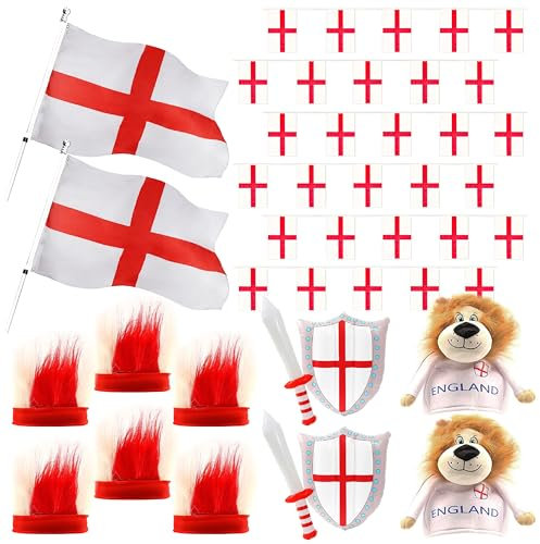 England-Fußball-Kostüm-Party-Set, 14-teiliges Set mit englischen Fußball-Fans, St. Georges Flaggen, England-Wimpelkette, aufblasbare Schwerter und Schilde, England-Stirnbänder und Löwenhüte