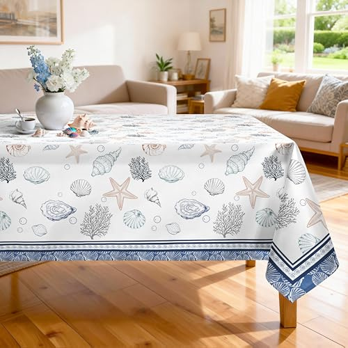 Arquiel Tischdecke Strand Muscheln, Rechteckig 152x213 cm, Polyester, Wasserdicht, Abwaschbar, Spritzsicher, Fleckenfrei, Für Esszimmer, Garten, Küche, Partys, Sommer