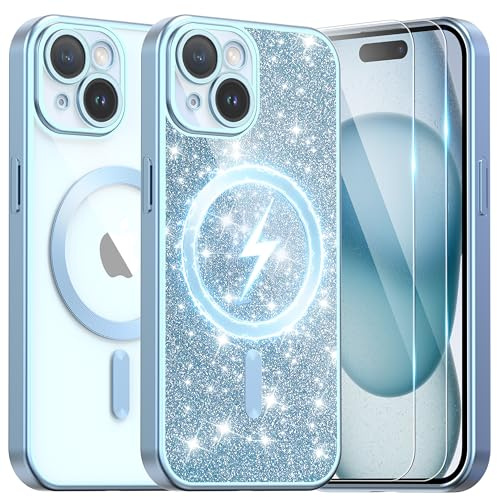 Ethanger Magnetic Case for iPhone 15, Titanium blue | Compatible with MagSafe, with 2 x Screen Protector, with Glitter Card and Wrist Strap, Protective Case for Women Girls