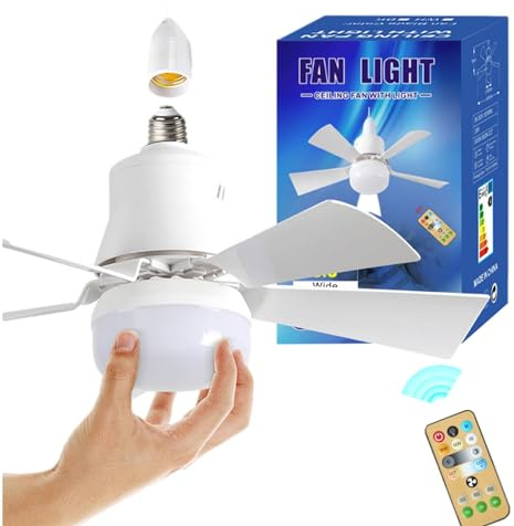 WRLCOVA Plug in Ceiling Fan with Lights and Remote, 30W E27 Bulb Fan, 3-Color Dimmable Lighting, Timing Function, Perfect for Bedroom, Living Room, Dining Room, 15.75 inches (Length only), White