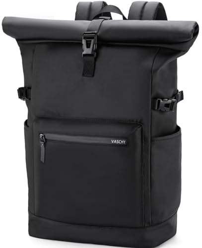 VASCHY Sac à Dos Roll Top, Grand Antivol Sac a Dos Homme Femme Voyage pour Ordinateur 15,6 Pouces Extensible Résistant à l'Eau Cartable Ados pour Travail Affaire Randonnée École Noir
